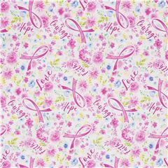 Tissu avec des rubans roses des fleurs et des mots motivants Tissu par Timeless Treasures