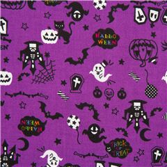 Tissu d'Halloween rose-violet, crnes de chats noirs, citrouilles, fantmes Tissu par Japanese Indie