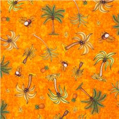 Tissu en coton orange avec des cocotiers et des ananas Tissu par Quilting Treasures