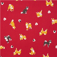 Tissu Oxford rouge avec des chiens shiba inu et des boulettes de riz Tissu par Japanese Indie