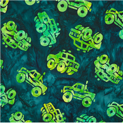 Tissu batik en coton vert fonc avec des camions monstres USA Tissu par Robert Kaufman