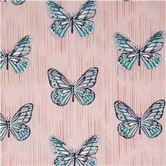 Tissu en coton rose avec des papillons bleus argent mtallique Tissu par Robert Kaufman