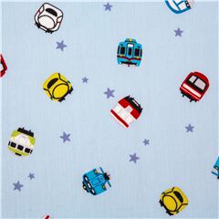 Tissu popeline bleu avec des toiles et trains japonais Shinkansen multicolores Tissu par Japanese Indie