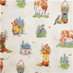 Tissu blanc sur le Texas avec des fleurs bottes de cowboy Western Tissu par Robert Kaufman