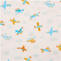Retro-Flugzeug-Hubschrauber Wolkiger Himmel Stoff von Cosmo