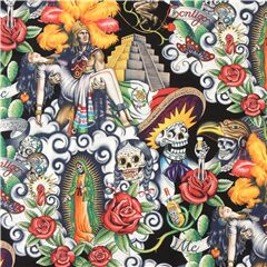 Tissu noir avec des couples et des ttes de mort Tissu par Alexander Henry