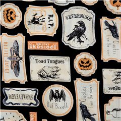Tissu noir avec des plaques d'Halloween vintage Tissu par Timeless Treasures