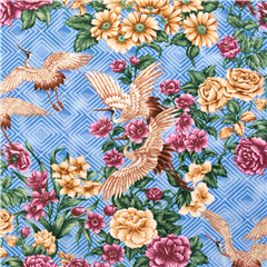Tissu en coton bleu sur le thme du Japon, fleurs, pivoines, grues USA Tissu par Sykel Enterprises