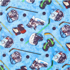 Tissu coton bleu, sports, rondelles de hockey sur glace, btons, gants, patins Tissu par Elizabeth's Studio