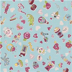 Toile japonaise coton bleue fille ado avec des coeurs amour chocolat crnes Tissu par Japanese Indie