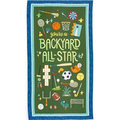 Tissu en coton bleu  panneaux verts bords bleus thme des sports Tissu par Michael Miller