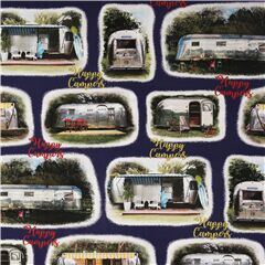 Tissu en coton bleu Happy Campers avec des caravanes rtros Tissu par Kokka