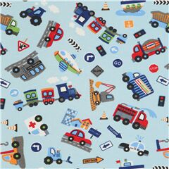 Tissu jersey bleu avec des voitures et des trains Tissu par Stof France