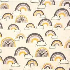 Tissu en coton crme avec d'adorables nuages et arcs-en-ciel jaunes Tissu par Michael Miller
