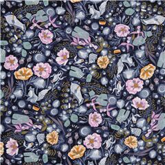 dunkelblauer Fuchs Eichhrnchen Vogel rosa Blumen Stoff von Dear Stella
