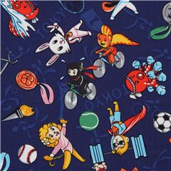 Tissu bleu fonc, animaux de BD aux sports olympiques Tissu par Trans-Pacific Textiles