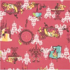 Toile rose-rouge fonc avec des chiens, des carrosses, des pendules Tissu par Japanese Indie