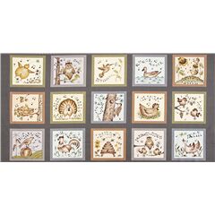Baumwollstoff mit Bauernhoftiergeruschen graubraune Quadrate Stoff von Michael Miller
