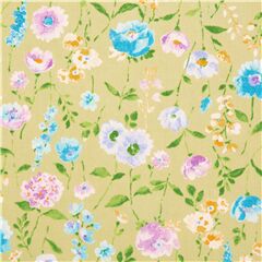 Grner Stoff aus Japan mit groen und kleinen blau-gelb-rosa Blumen und Blttern Stoff von Cosmo