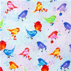 Tissu bleu clair avec des oiseaux multicolores Tissu par Timeless Treasures