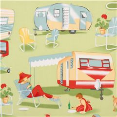 Tissu vert clair rtro avec des caravanes USA Tissu par Michael Miller