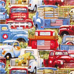 Tissu avec des camionnettes rouges, blanches et bleues transportant des fleurs Tissu par Elizabeth's Studio
