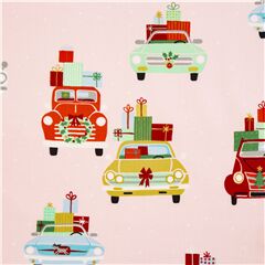 Tissu de Nol rose voitures cadeaux sur le toit rtro festif Tissu par Alexander Henry