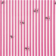 Tissu lamin rose et blanc  rayures avec des petits chats noirs qui se cachent Tissu par Japanese Indie