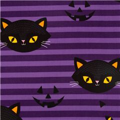 Tissu d'Halloween violet  rayures chats noirs et Jack-o-lantern Tissu par Alexander Henry