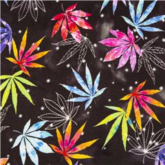 Regenbogen-Cannabisblatt, das taumelt, schwarzer, extrabreiter Minky Stoff von Michael Miller