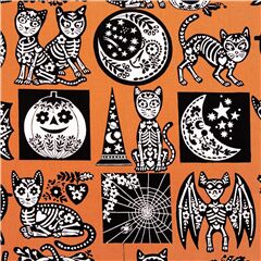 Totenkpfe Mond Katzen Krbis schwarz wei Schablonenstempel orange US Stoffskelette Stoff von Alexander Henry