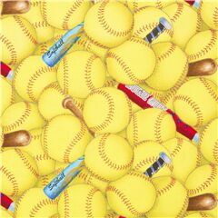 Tissu en coton avec des balles jaunes de softball, des battes, sport,comptition Tissu par Elizabeth's Studio