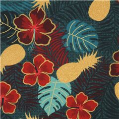 Hawaiische Metallische Goldene Hibiskus-Blumen Stoff von Stof France