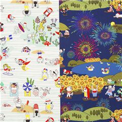 Toile  drap japonaise en coton imprim 2-en-1 unique feux d'artifice et plage Tissu par Japanese Indie