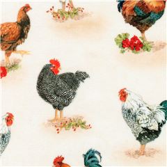 Tissu crme avec des poulets et des coqs Tissu par Robert Kaufman
