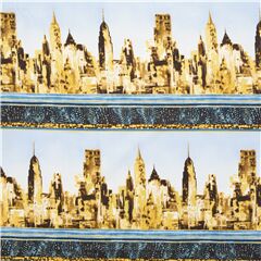 Tissu bandes bleues et grises et btiments or mtallique Tissu par Timeless Treasures