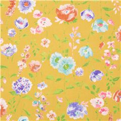Tissu jaune grandes et petites fleurs bleues rouges roses et feuilles aquarelle Tissu