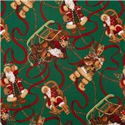 Tissu de Noël vert foncé avec des rubans rouges et le Père Noël