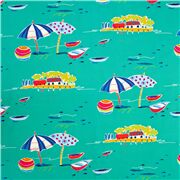 Tissu Oxford lourd vert avec des motifs de vacances à la plage