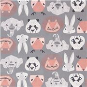 Tissu gris avec des animaux têtes de pandas, éléphants, lions coupon