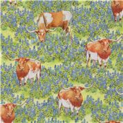 Tier Stoff Kühe grünes Feld blaue Blumen