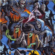 Blauer Halloween Stoff Totenkopf Hexe Werwolf