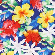 Tissu bleu fleurs hawaïennes tropicales arc-en-ciel