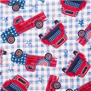 Tissu à carreaux Vichy bleus et blancs avec des pick-ups rouges