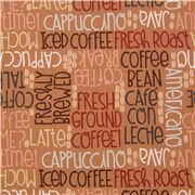 Tissu marron grains de café, mots anglais java, capuccino, iced