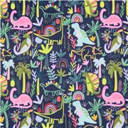 Tissu minky bleu foncé dinosaures multicolores arcs-en-ciel feuilles