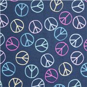 Tissu en coton bleu foncé avec des signes de paix multicolores