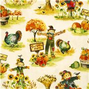 Tela crema cosecha pavo espantapájaros calabaza