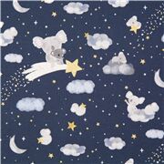 Tissu bleu foncé avec des koalas, des nuages, des étoiles filantes