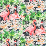 tela de pájaros flamenco rosa acuarela hoja verde